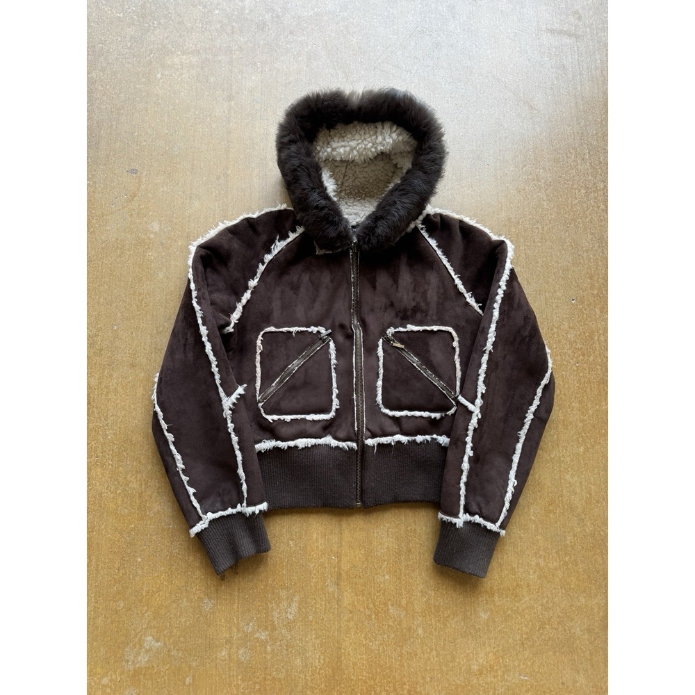 VTG Y2K bebe Rabbit Fur Suede Fleece Lined Cropped Zip Up Jacket Womens (S)